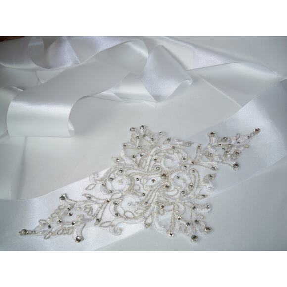 White lace beaded bridal belt sash rhinestone lace wedding bridal dress belt - Picture 2 of 6